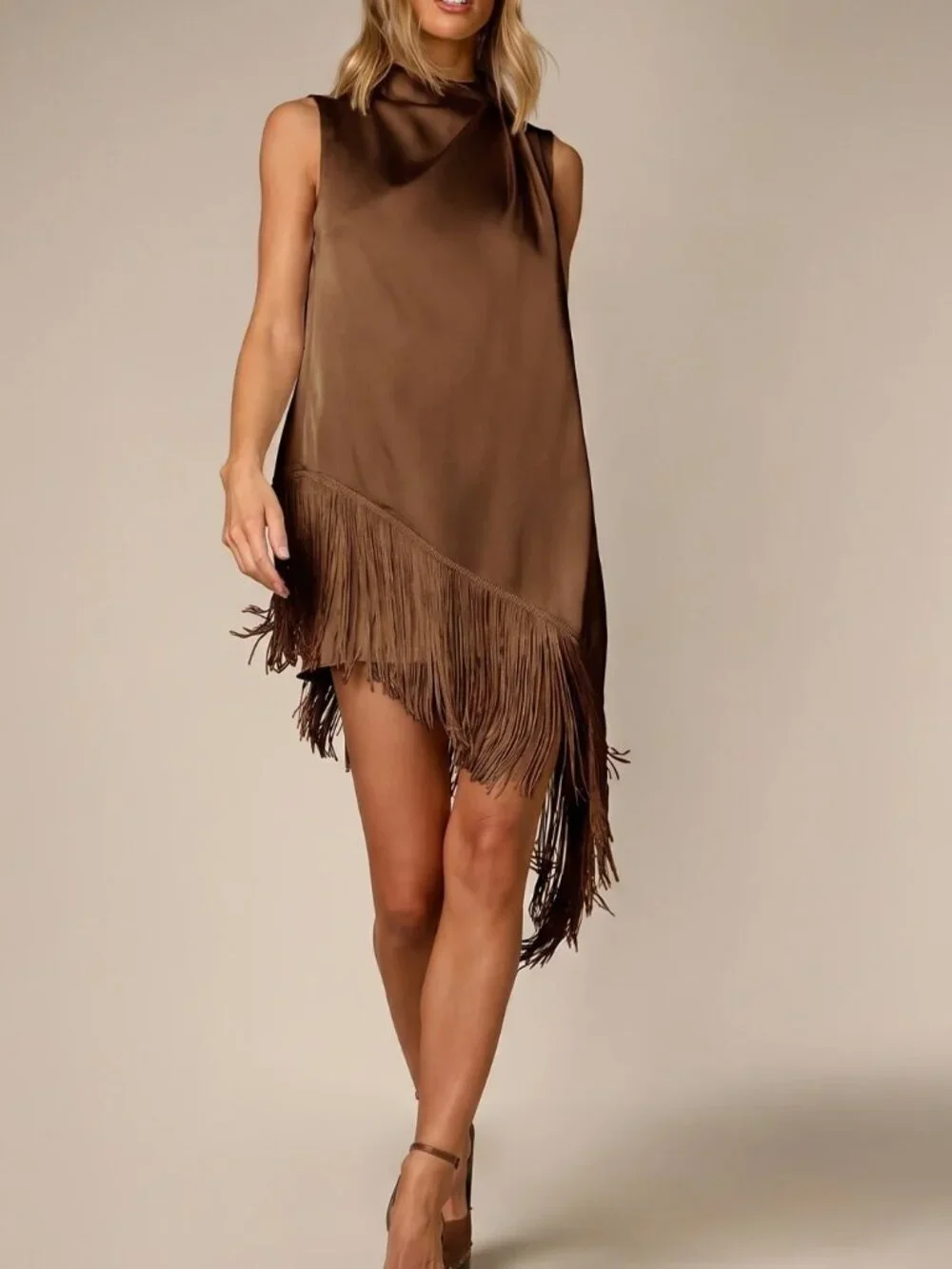 Brown Elegant Women's Mock Neck Fringe Hem Sleeveless A-Line Mini Dress